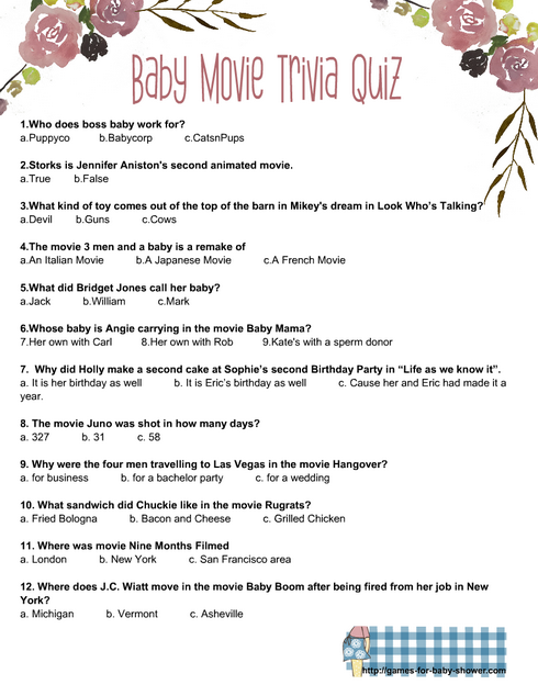 Free Printable Baby Movie Trivia Quiz with Pink Flowers