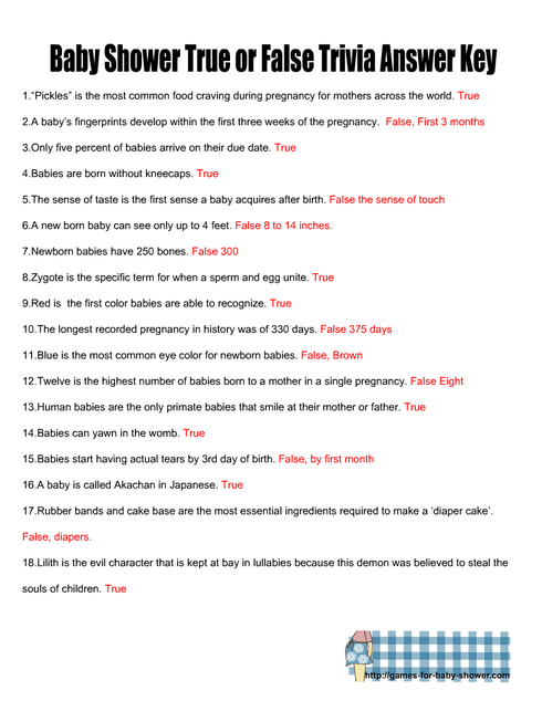 Baby Shower True or False Trivia Quiz Answer Key