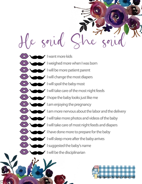 Free Printable He Said, She Said, Baby Shower Game