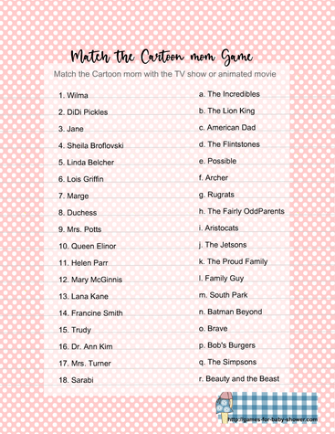 Match the Cartoon Mom, Baby Shower Game