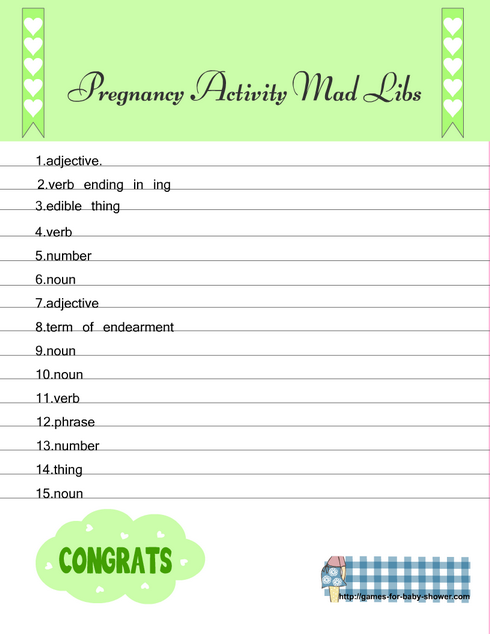 Free Printable Pregnancy Actiivity Mad libs sheet B