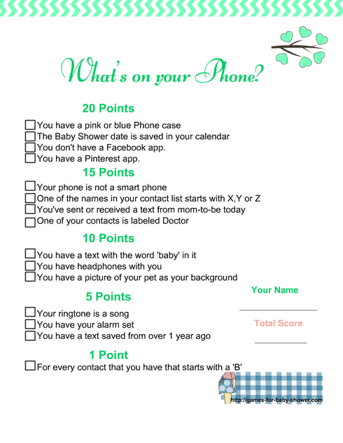 What's in your phone free printable game in Mint color