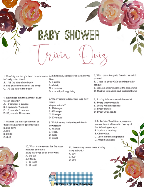 Floral Baby Shower Baby Trivia Quiz with Answer Key