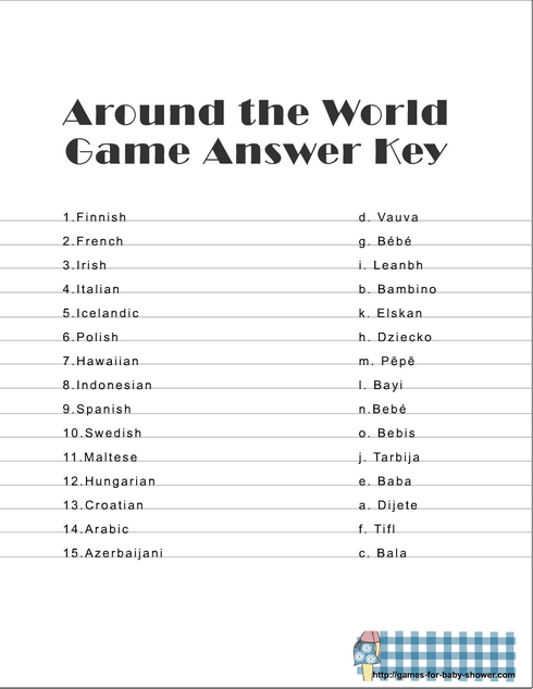 Free Printable, Baby, Around the World Game Answer Key 