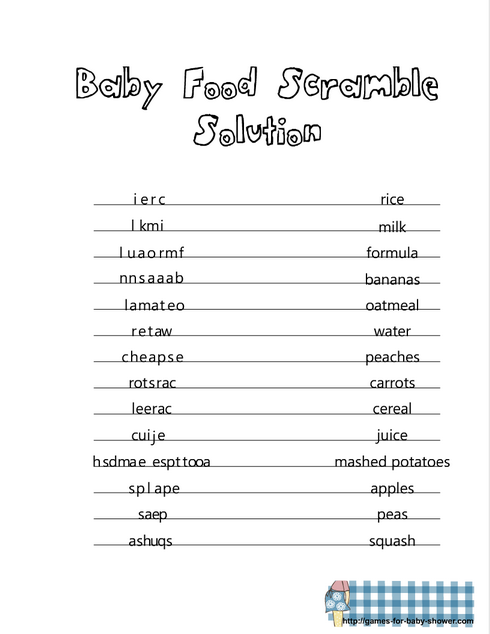 Baby Food Scramble Game Answer Key