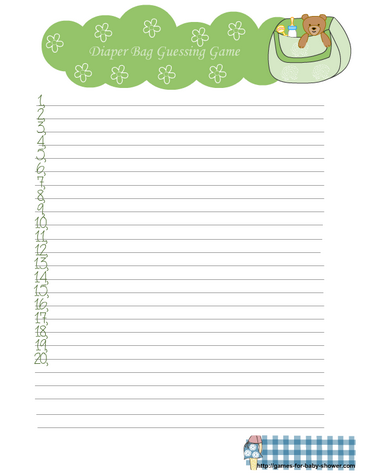 free printable diaper bag guessing game in green color