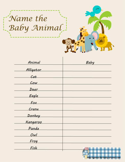 free printable name the baby animal game for baby shower